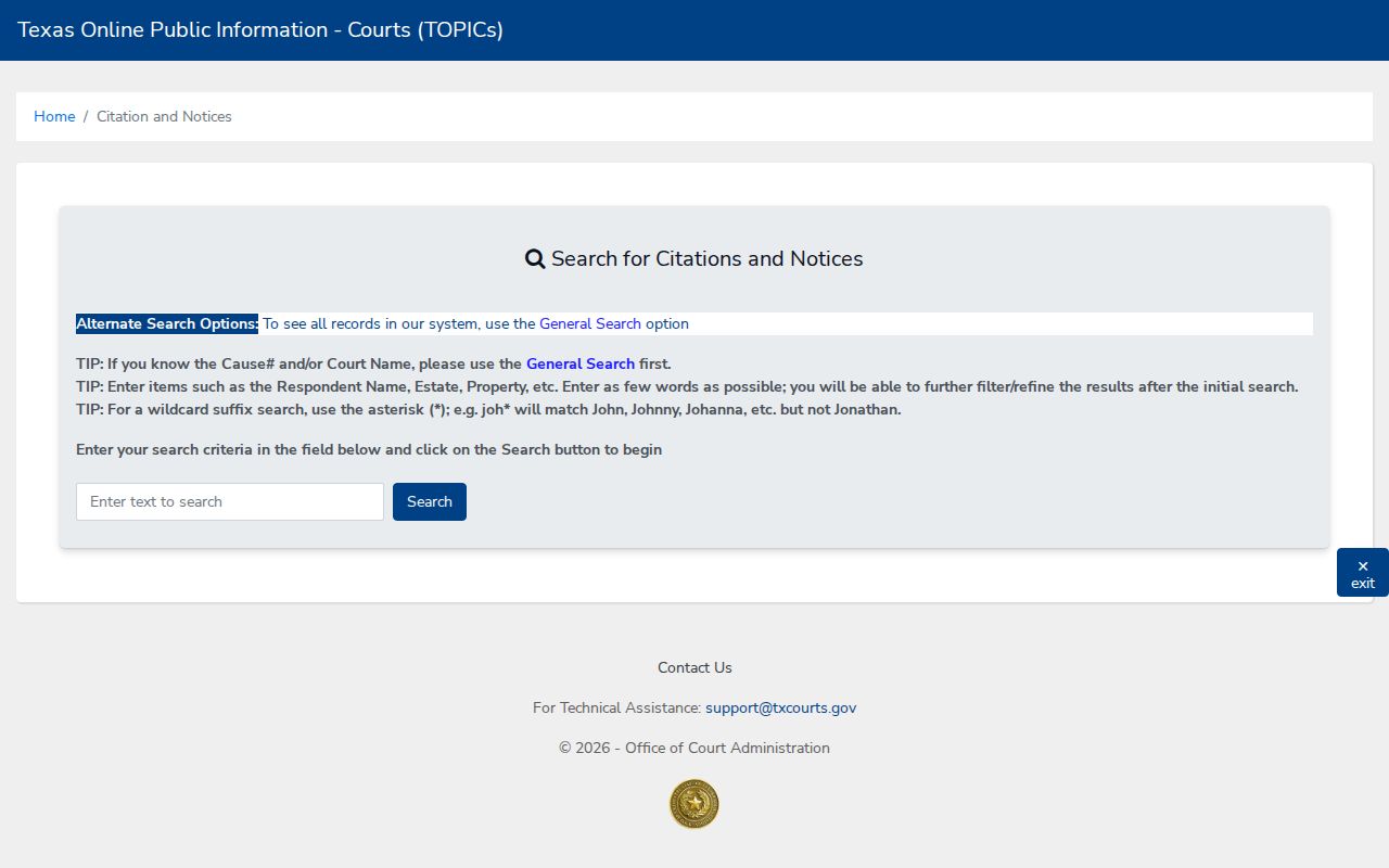 Texas OCA citation search fields for name cause number court county and status