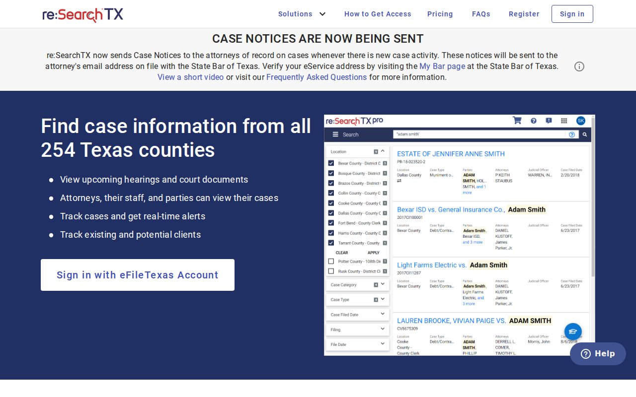 re:SearchTX login and registration page for available Knox County case searches